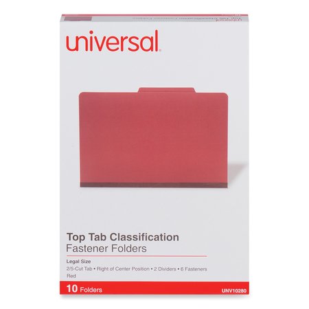 UNIVERSAL Pressboard Classification Folder 8-1/2 x 14", Red, PK10, Type: Top Tab UNV10280